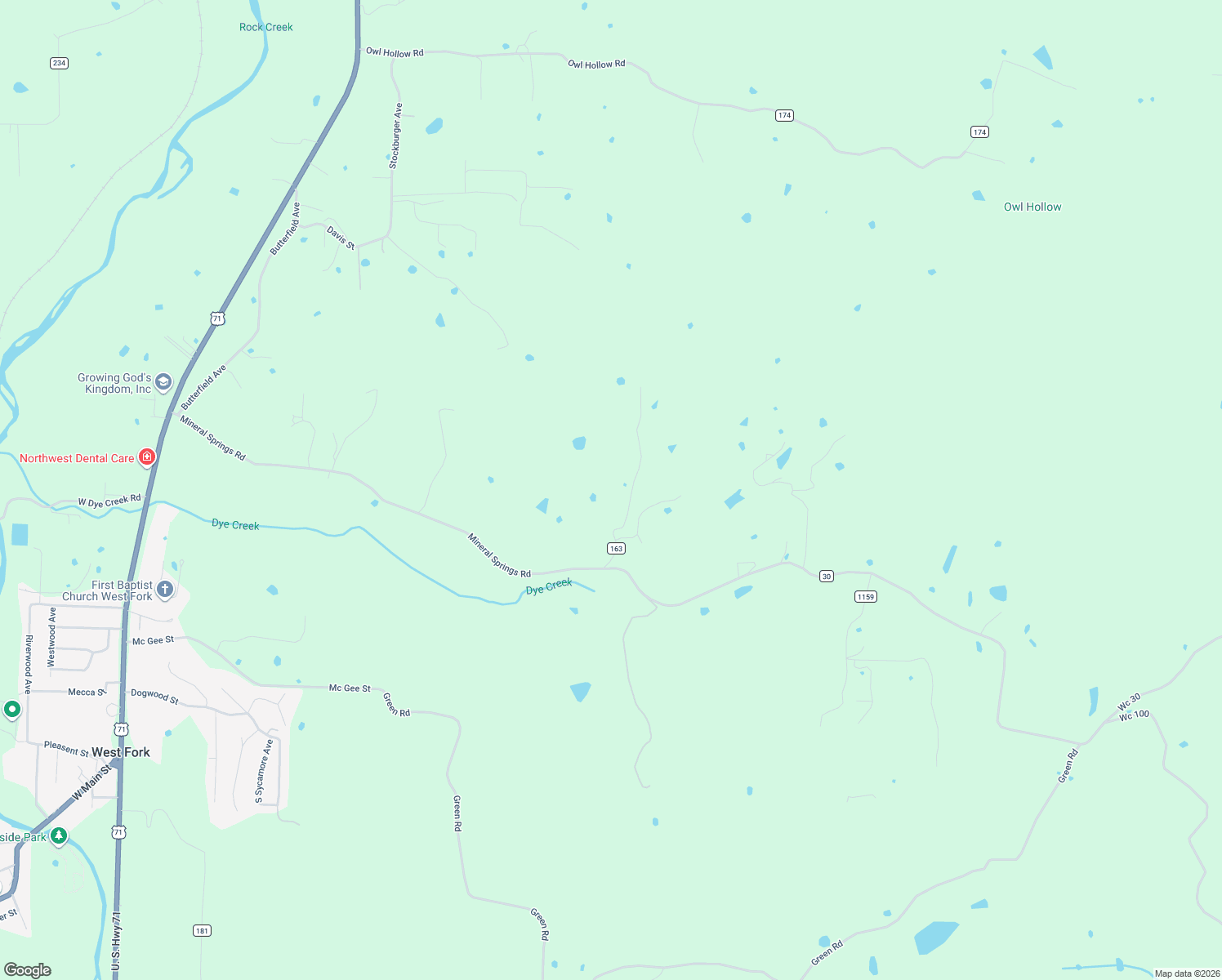 map of restaurants, bars, coffee shops, grocery stores, and more near 12145 Flowers Road in West Fork