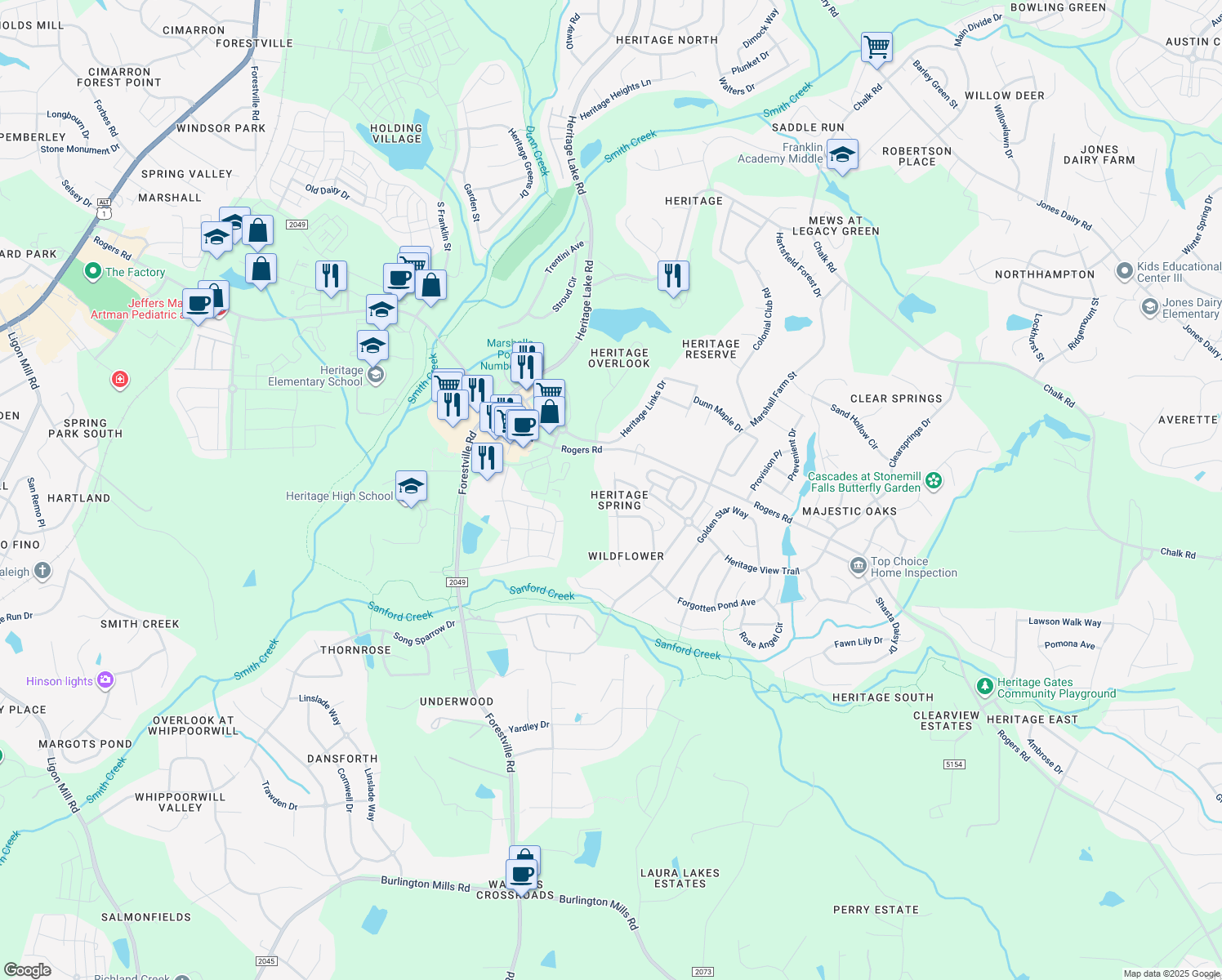 map of restaurants, bars, coffee shops, grocery stores, and more near 1115 Golden Poppy Court in Wake Forest