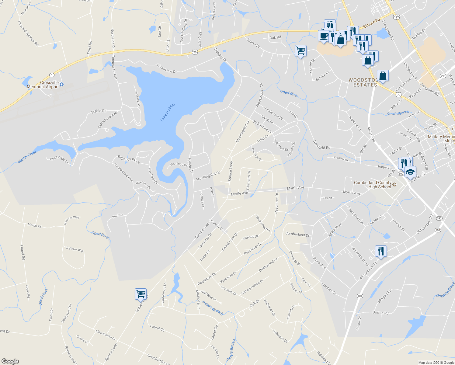 map of restaurants, bars, coffee shops, grocery stores, and more near 65 Pear Circle in Crossville