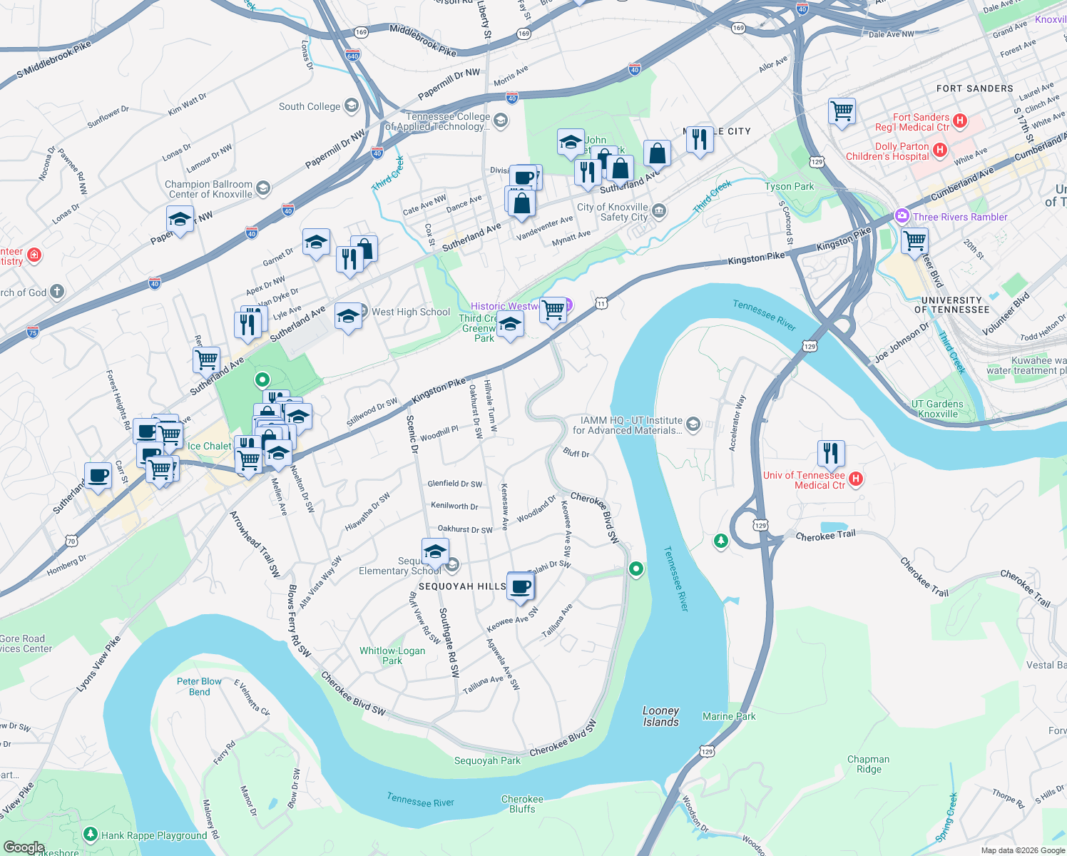 map of restaurants, bars, coffee shops, grocery stores, and more near 547 Cherokee Boulevard in Knoxville
