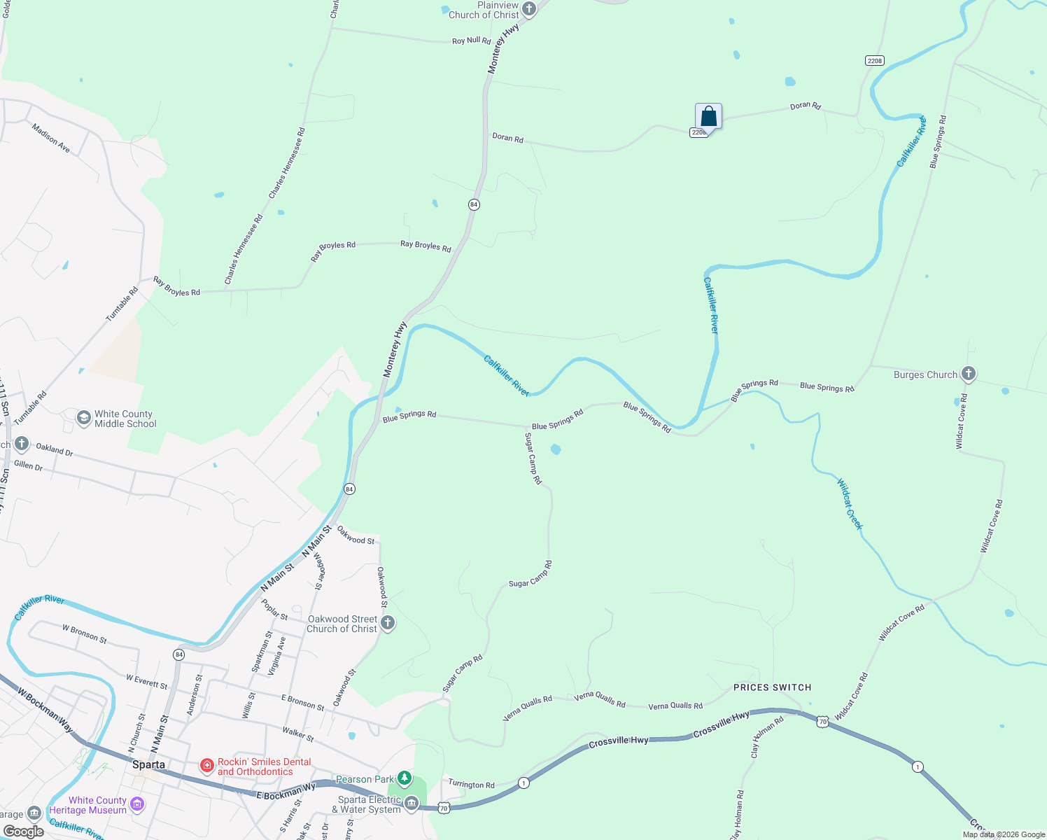 map of restaurants, bars, coffee shops, grocery stores, and more near 579 Blue Springs Road in Sparta