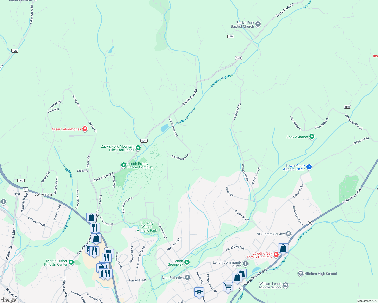 map of restaurants, bars, coffee shops, grocery stores, and more near 220 Georgetown Lane in Lenoir