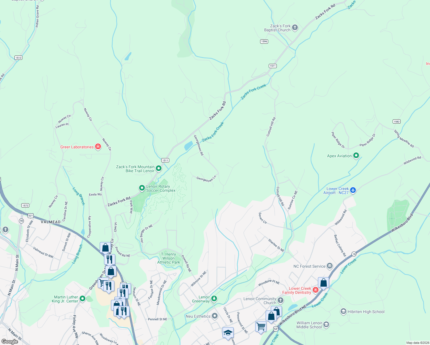 map of restaurants, bars, coffee shops, grocery stores, and more near 220 Georgetown Lane in Lenoir