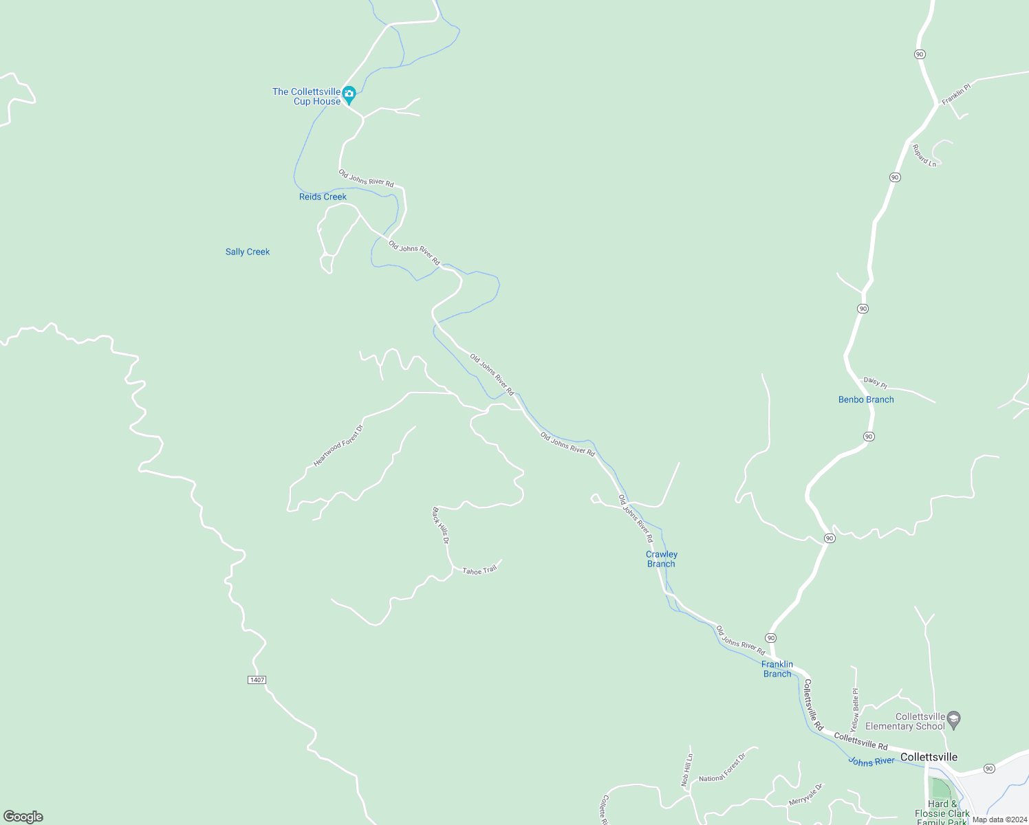 map of restaurants, bars, coffee shops, grocery stores, and more near 2093 Old Johns River Road in Collettsville