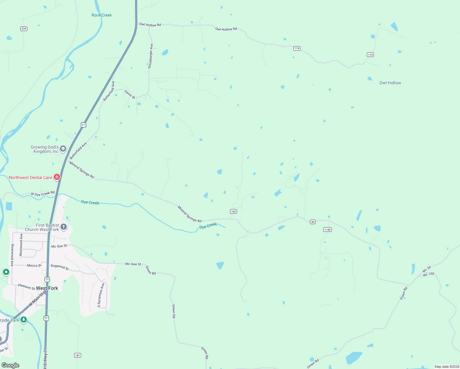 map of restaurants, bars, coffee shops, grocery stores, and more near 12145 Flowers Road in West Fork