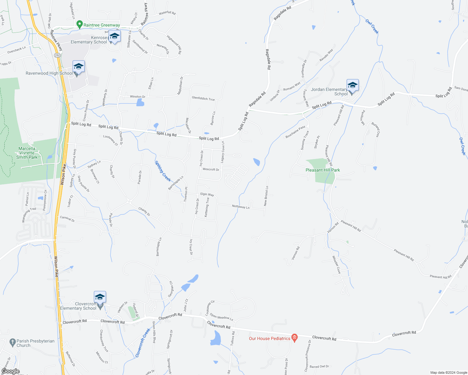 map of restaurants, bars, coffee shops, grocery stores, and more near 9554 Dresden Square in Brentwood