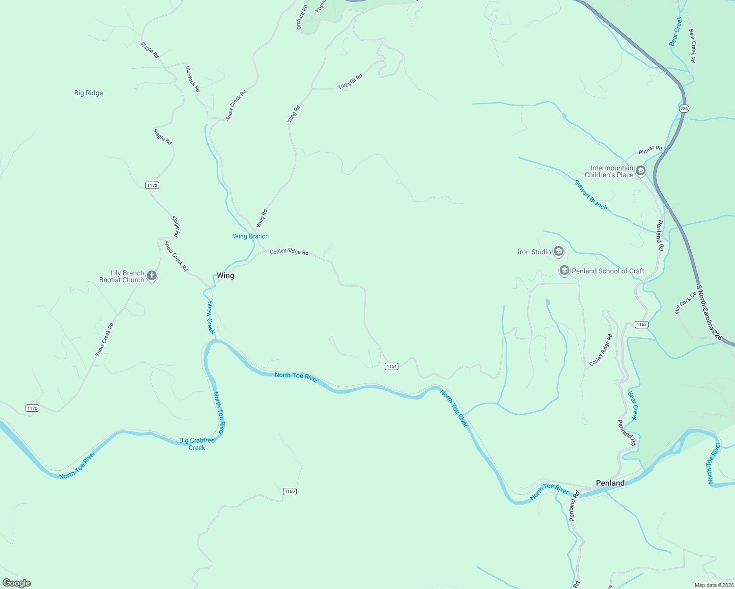 map of restaurants, bars, coffee shops, grocery stores, and more near 635 Conley Ridge Road in Bakersville