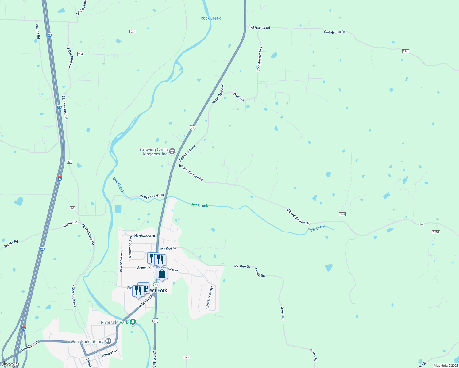 map of restaurants, bars, coffee shops, grocery stores, and more near 224 Mineral Springs Road in West Fork