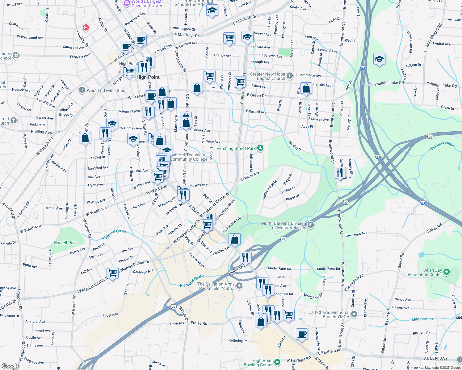 map of restaurants, bars, coffee shops, grocery stores, and more near 704 East Kearns Avenue in High Point