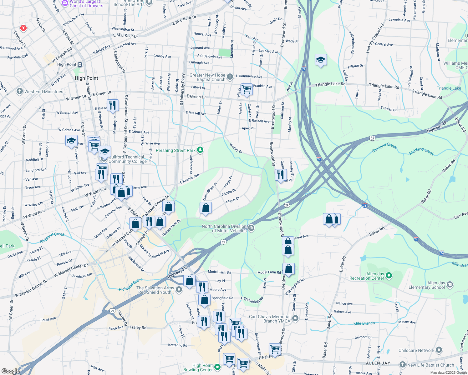 map of restaurants, bars, coffee shops, grocery stores, and more near 417 Friddle Drive in High Point