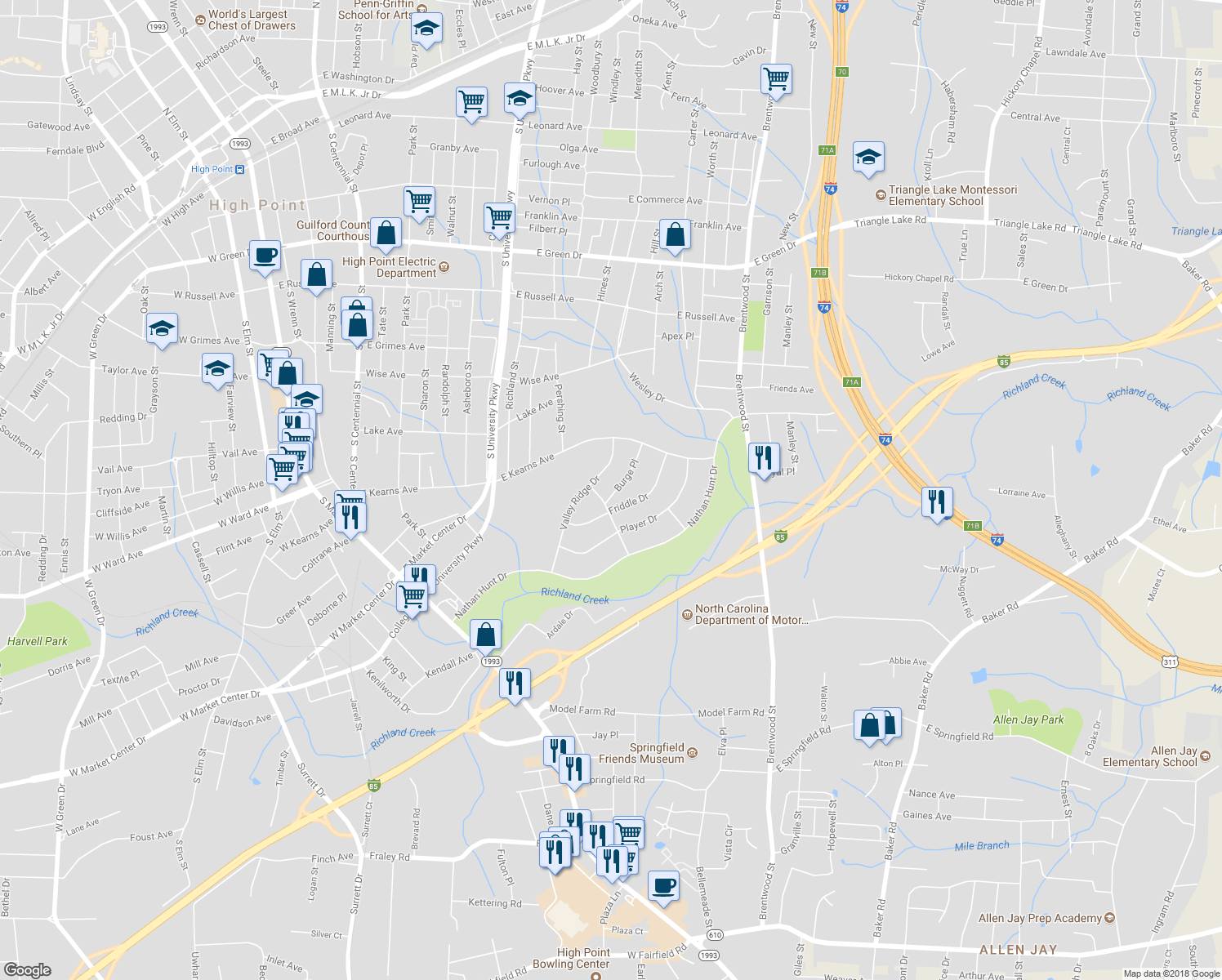 map of restaurants, bars, coffee shops, grocery stores, and more near 403 Burge Place in High Point
