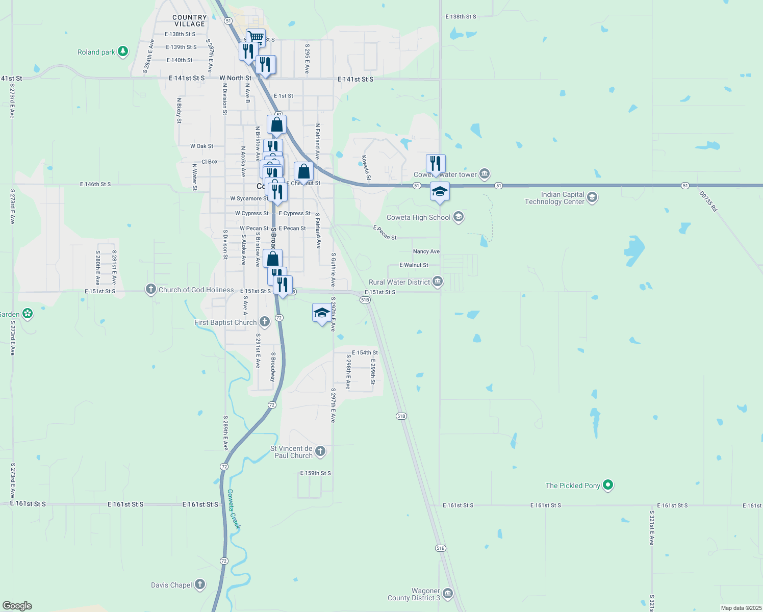 map of restaurants, bars, coffee shops, grocery stores, and more near 30092 East 151st Street South in Coweta