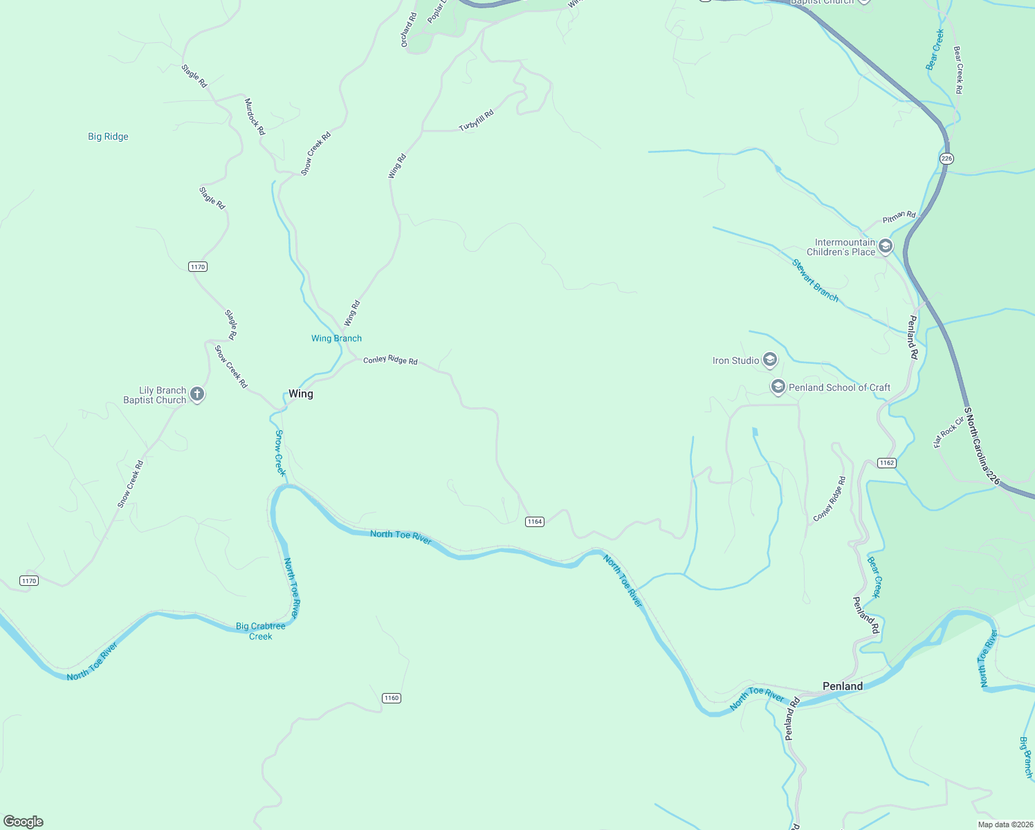 map of restaurants, bars, coffee shops, grocery stores, and more near 635 Conley Ridge Road in Bakersville
