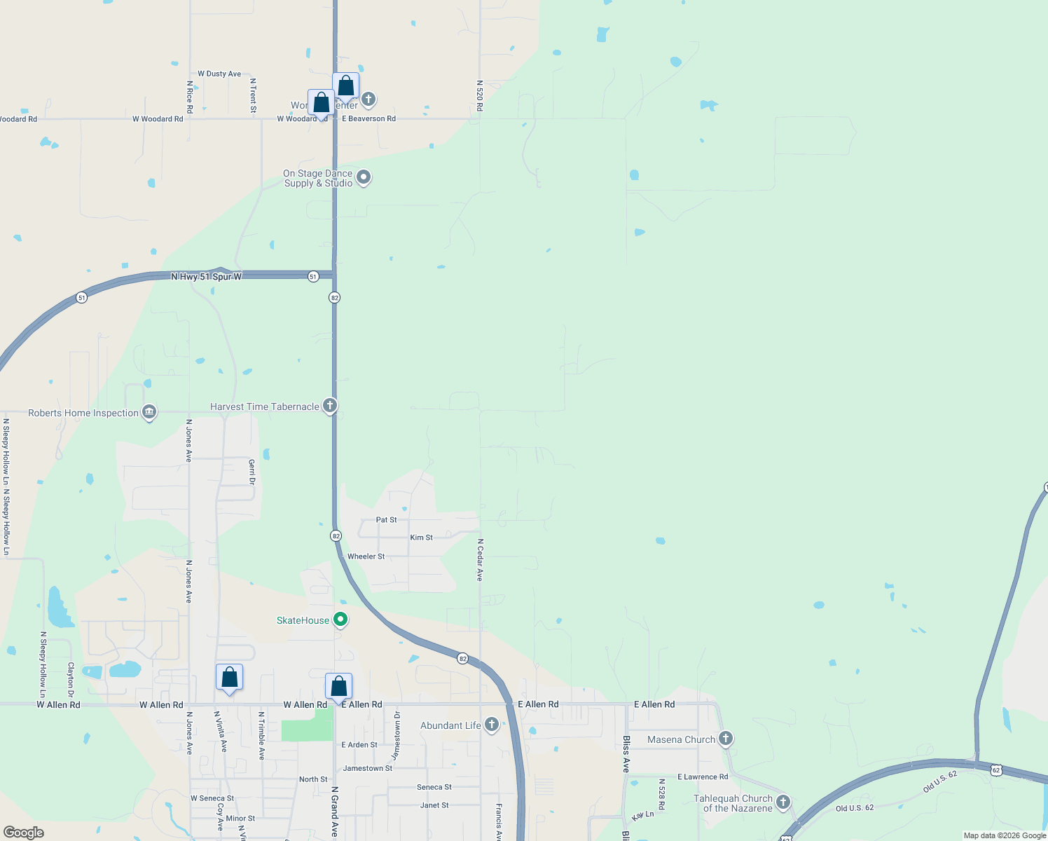 map of restaurants, bars, coffee shops, grocery stores, and more near 1013 East Diedrick Lane in Tahlequah