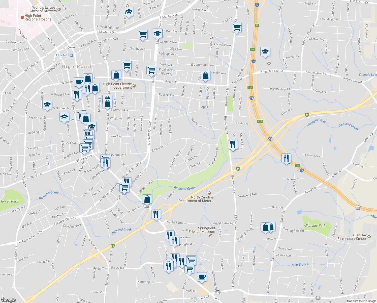 map of restaurants, bars, coffee shops, grocery stores, and more near 409 Burge Place in High Point