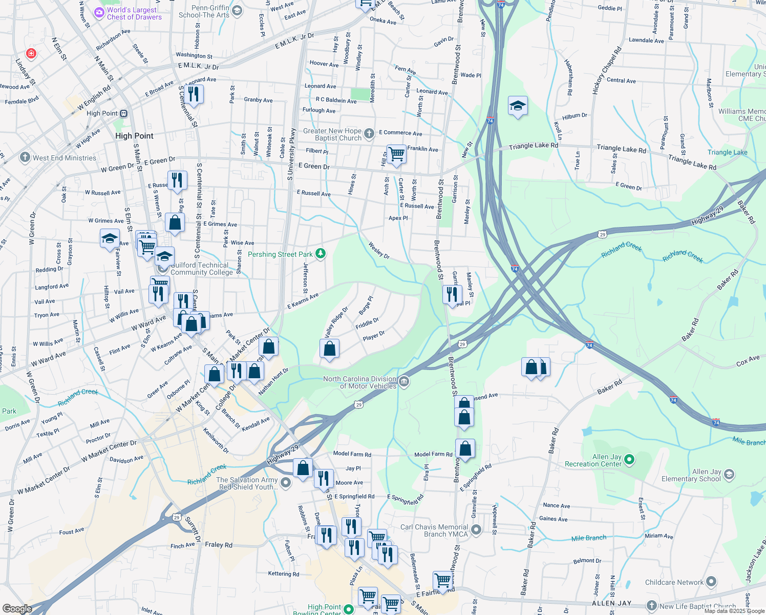 map of restaurants, bars, coffee shops, grocery stores, and more near 425 Friddle Drive in High Point
