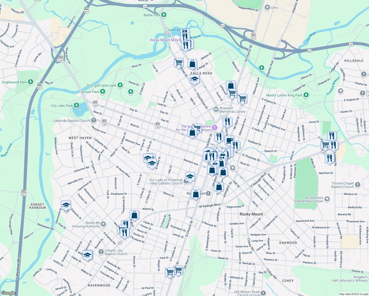 map of restaurants, bars, coffee shops, grocery stores, and more near 512 Sunset Avenue in Rocky Mount