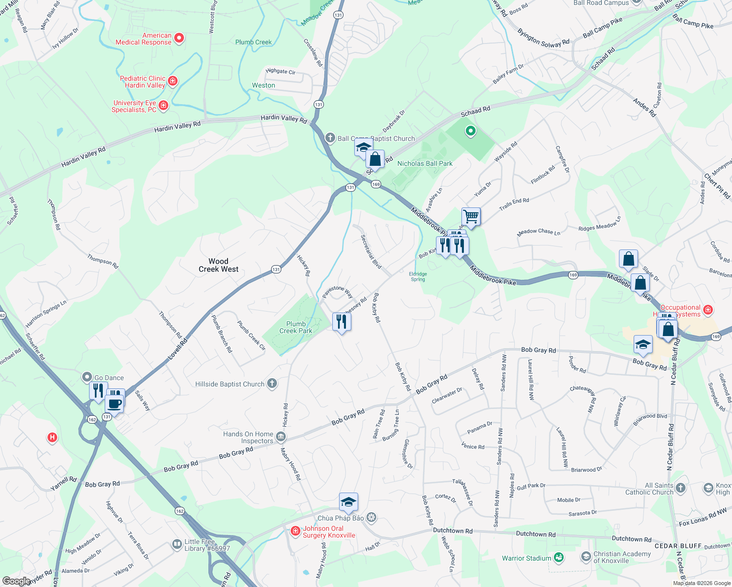 map of restaurants, bars, coffee shops, grocery stores, and more near 9900 Gate Post Way in Knoxville