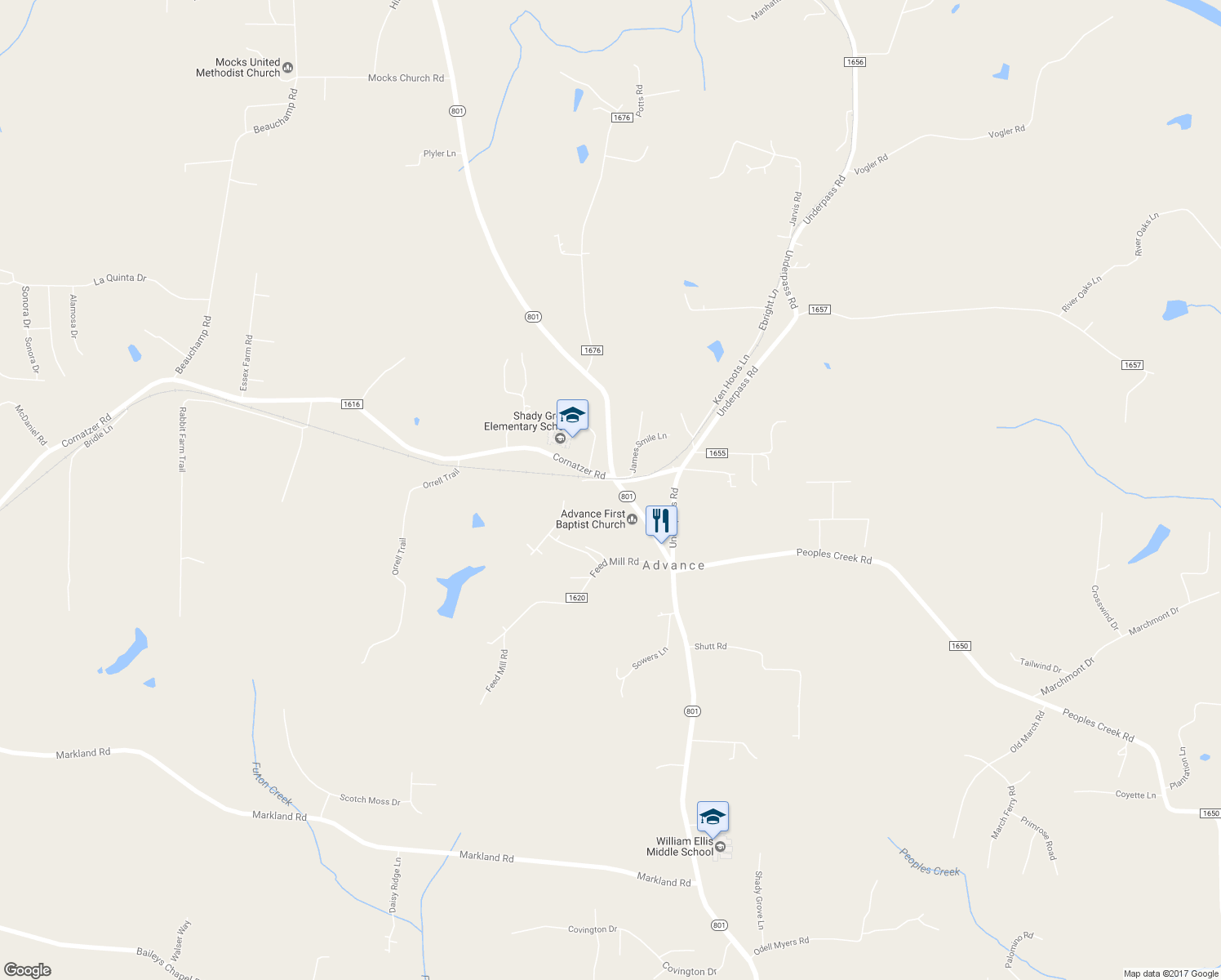 map of restaurants, bars, coffee shops, grocery stores, and more near 1902 North Carolina 801 in Advance