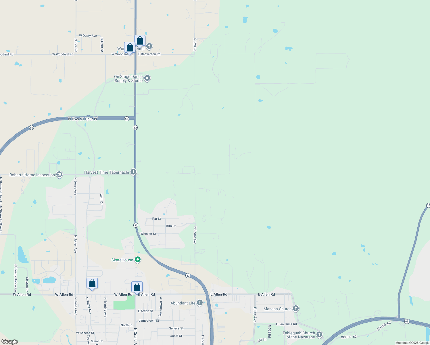 map of restaurants, bars, coffee shops, grocery stores, and more near 1013 East Diedrick Lane in Tahlequah