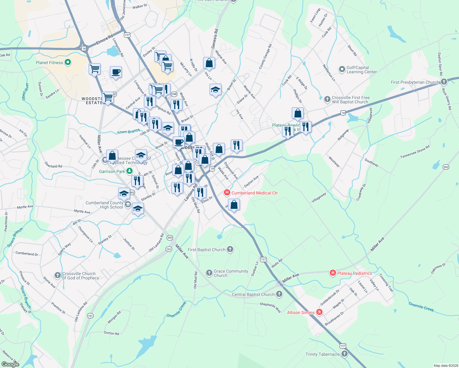 map of restaurants, bars, coffee shops, grocery stores, and more near 15 Webb Avenue in Crossville
