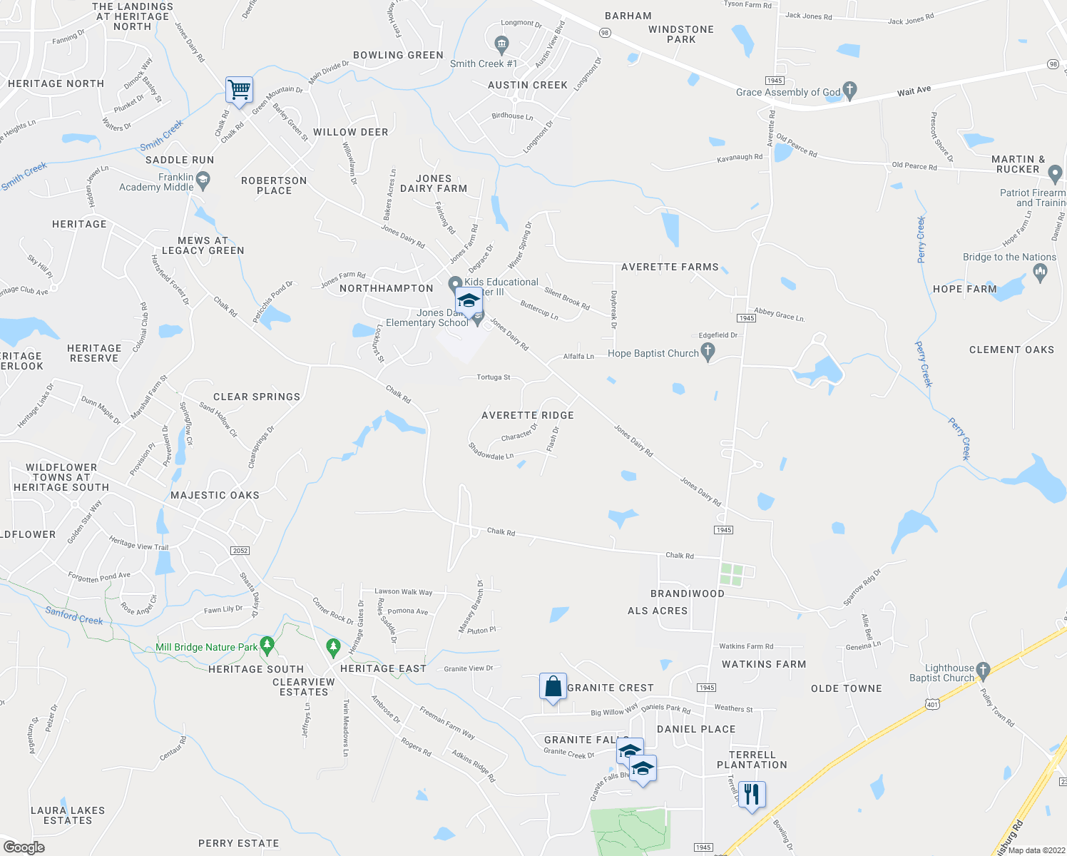 map of restaurants, bars, coffee shops, grocery stores, and more near 244 Character Drive in Rolesville