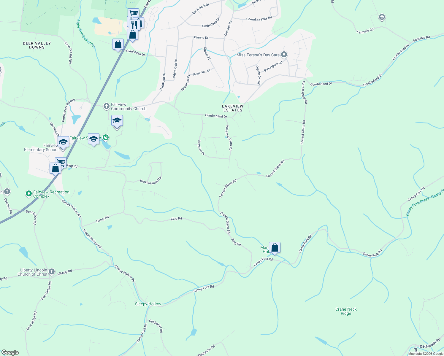 map of restaurants, bars, coffee shops, grocery stores, and more near 7401 Forest Glenn Road in Fairview