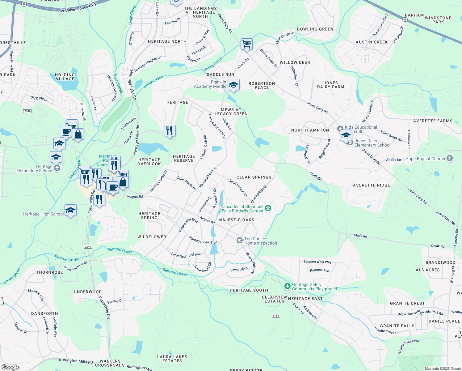 map of restaurants, bars, coffee shops, grocery stores, and more near 1512 Sand Hollow Circle in Wake Forest