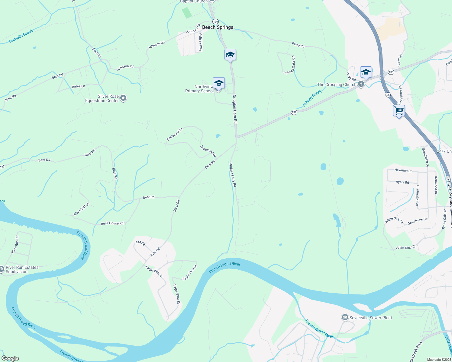 map of restaurants, bars, coffee shops, grocery stores, and more near 2755 Hodges Ferry Road in Sevier County