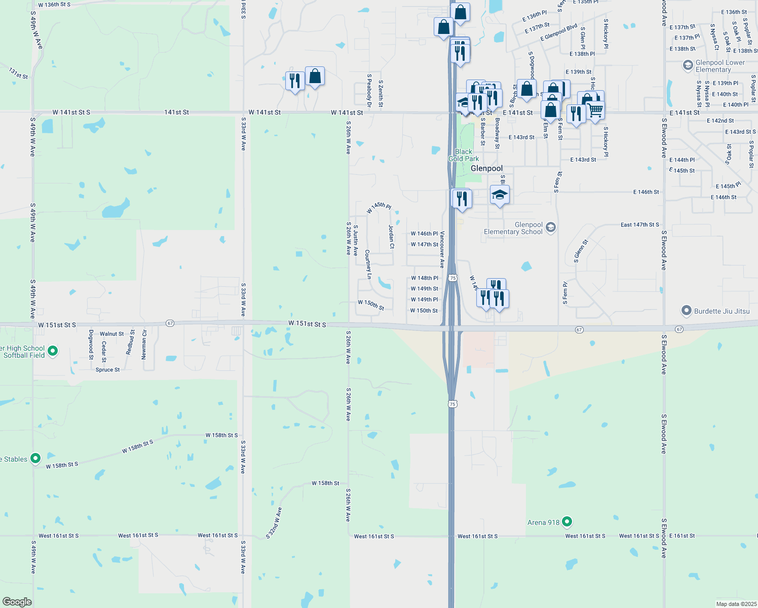map of restaurants, bars, coffee shops, grocery stores, and more near 791 W 150th St in Glenpool