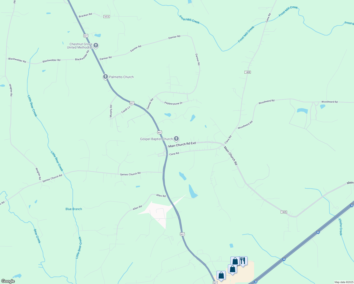 map of restaurants, bars, coffee shops, grocery stores, and more near 1540 Main Church Road Exd in Mocksville