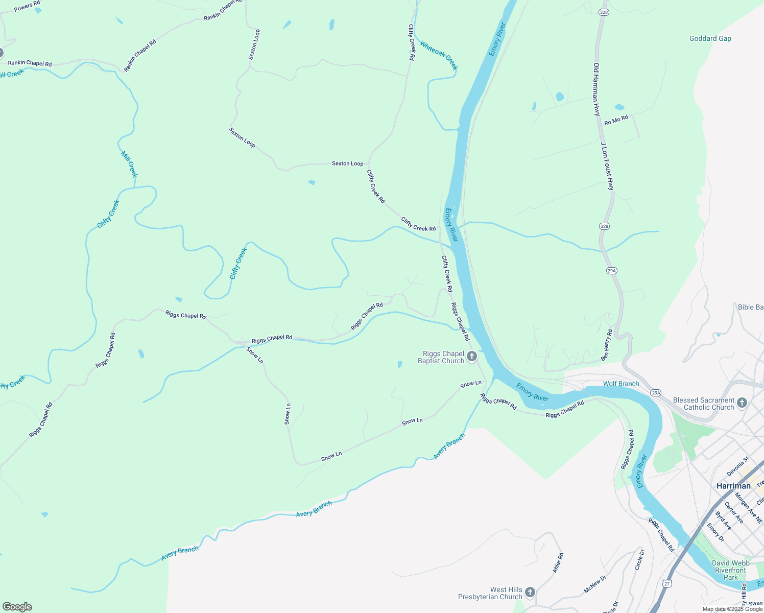 map of restaurants, bars, coffee shops, grocery stores, and more near 830 Riggs Chapel Road in Harriman