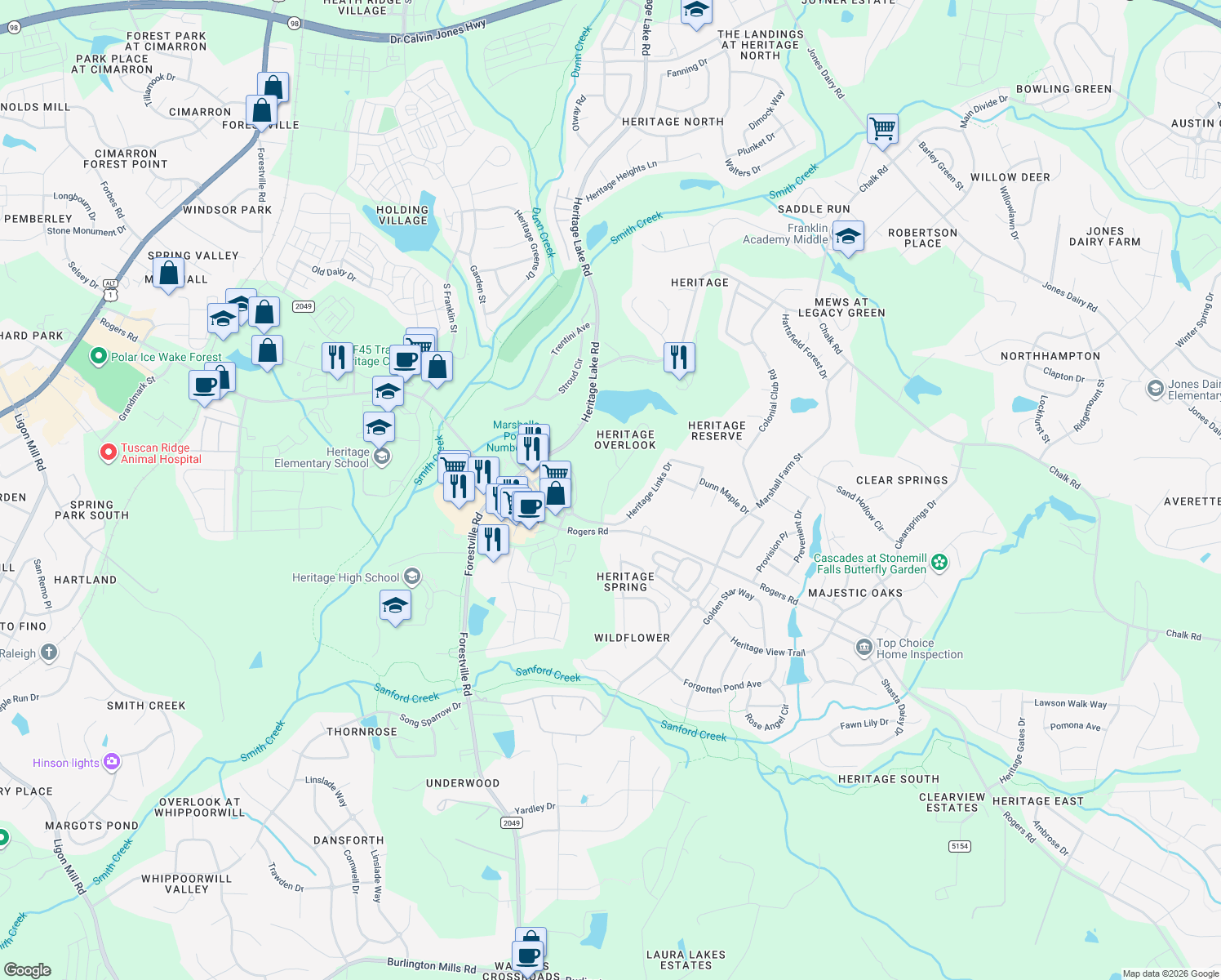 map of restaurants, bars, coffee shops, grocery stores, and more near 912 Overlook Ridge Road in Wake Forest