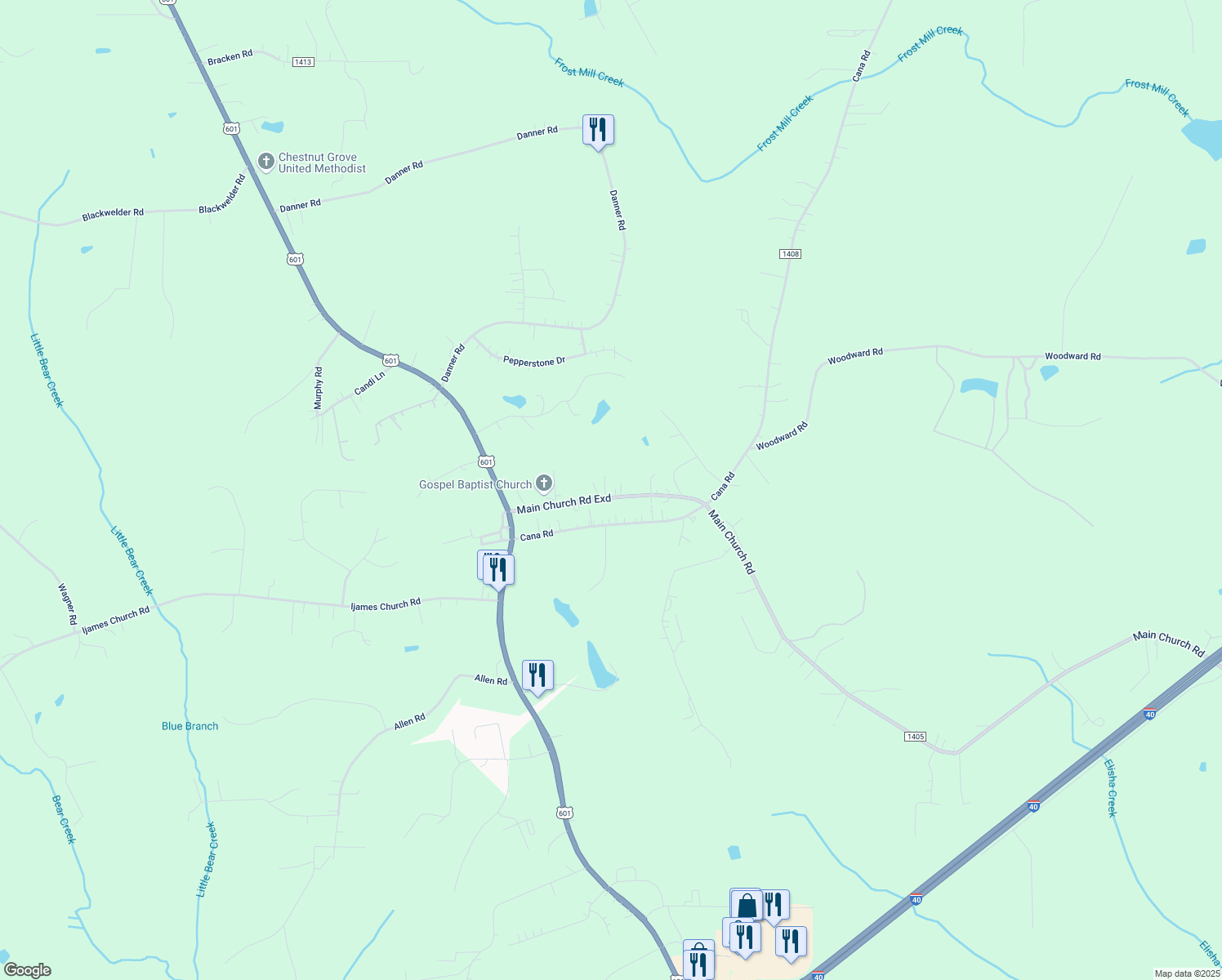 map of restaurants, bars, coffee shops, grocery stores, and more near 1474 Main Church Road Exd in Mocksville