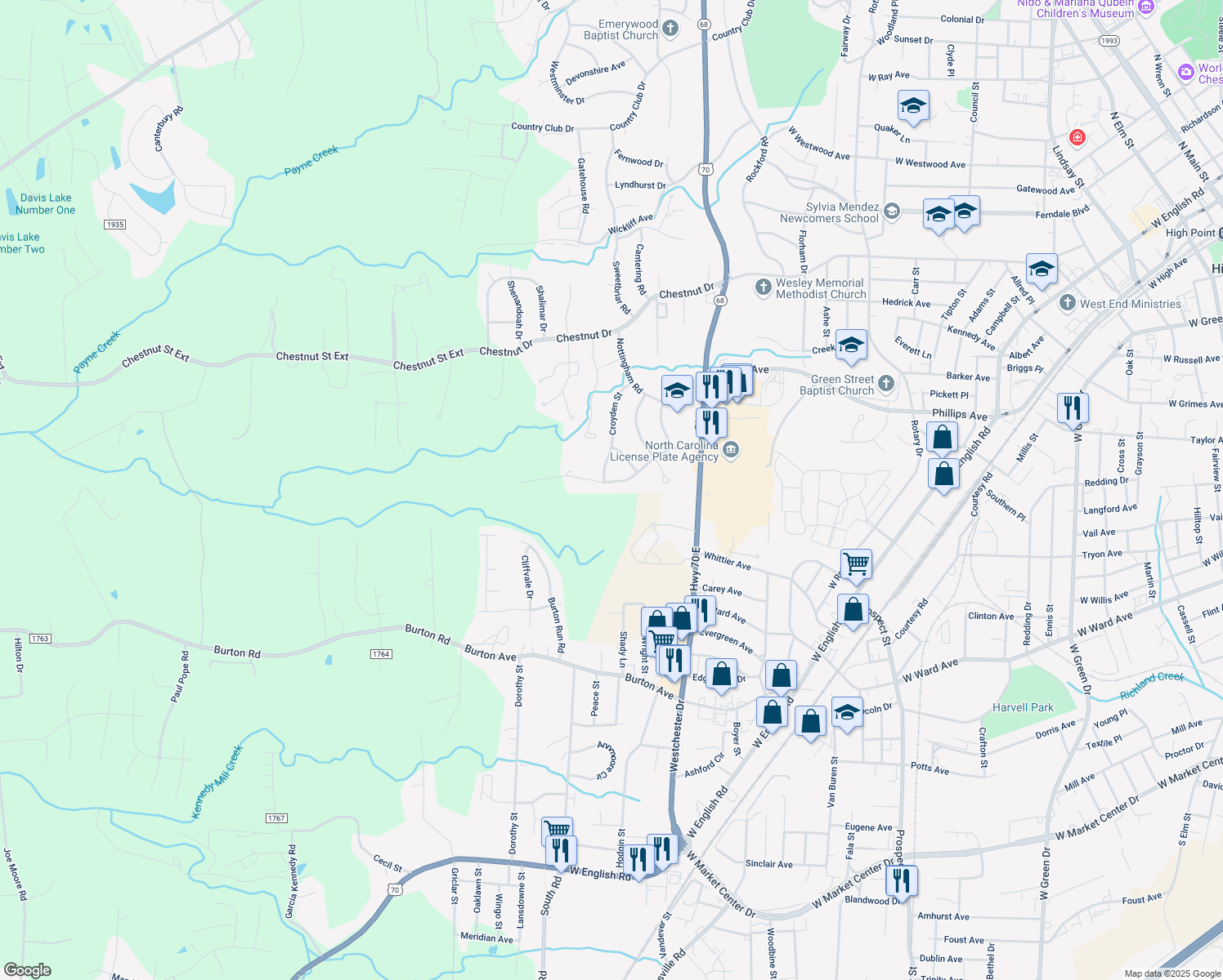map of restaurants, bars, coffee shops, grocery stores, and more near 1423 Coventry Road in High Point