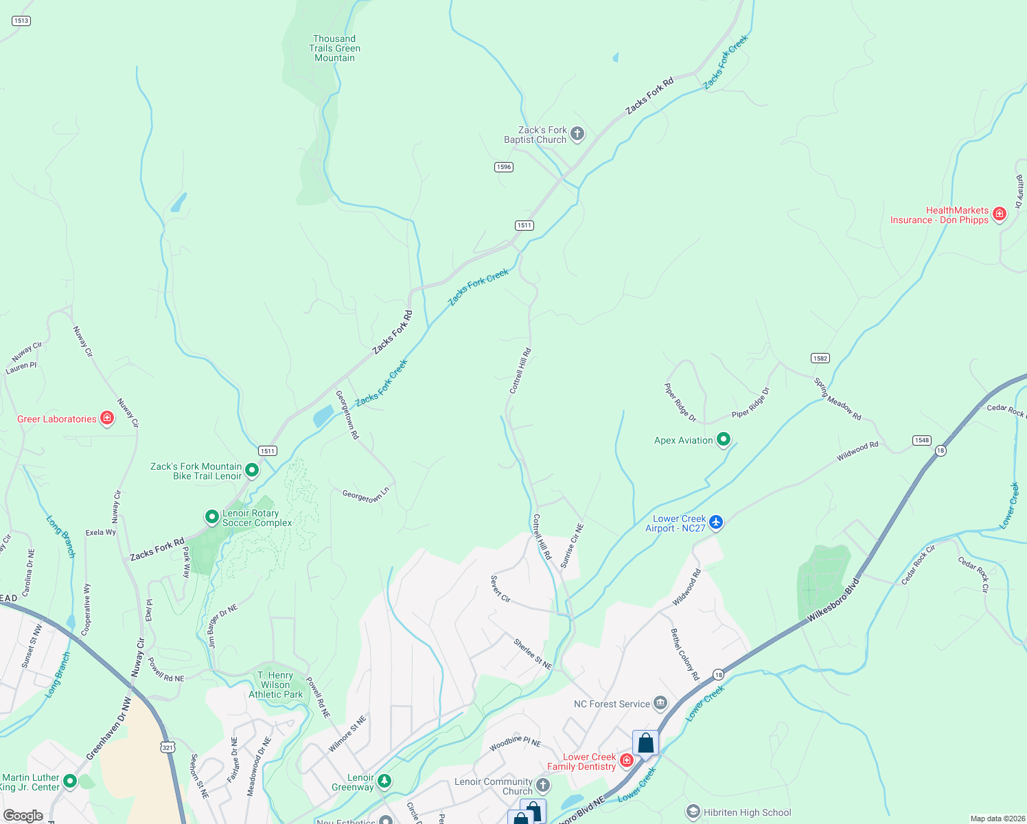 map of restaurants, bars, coffee shops, grocery stores, and more near 1064 Cottrell Hill Road in Lenoir