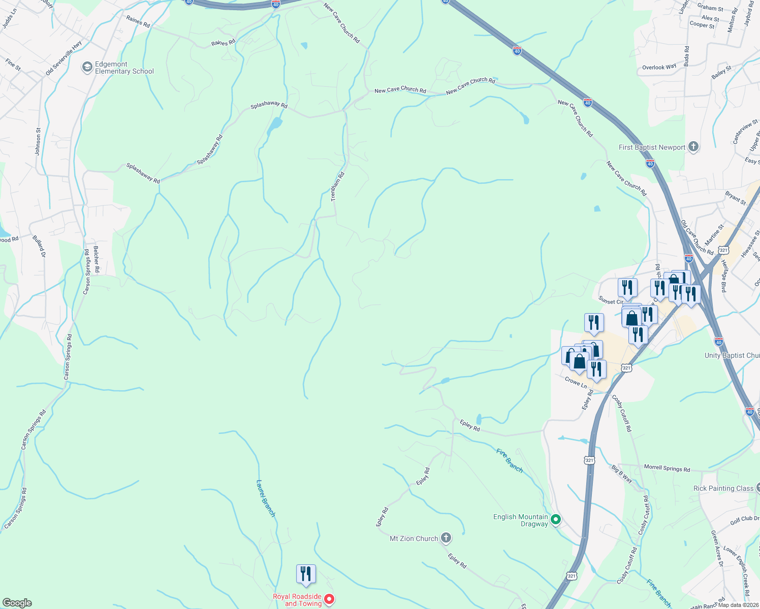 map of restaurants, bars, coffee shops, grocery stores, and more near 799 Overview Way in Newport
