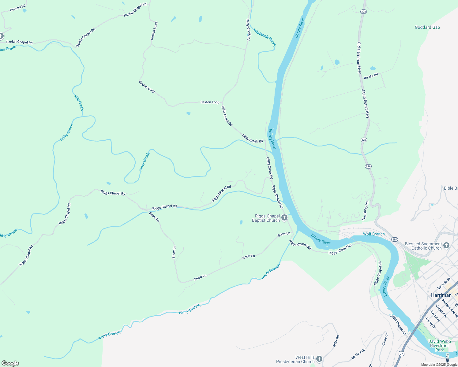 map of restaurants, bars, coffee shops, grocery stores, and more near 830 Riggs Chapel Road in Harriman