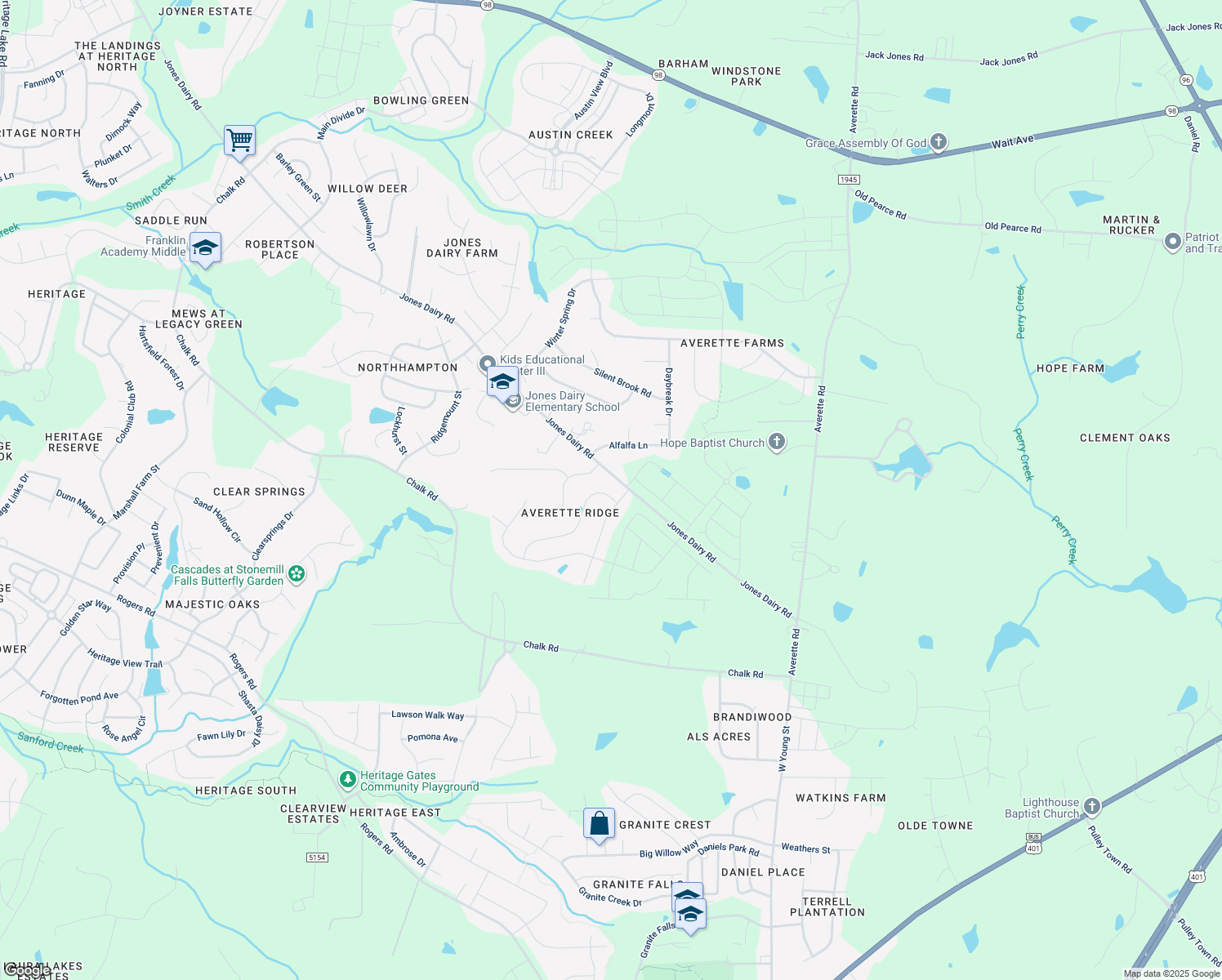 map of restaurants, bars, coffee shops, grocery stores, and more near 200 Character Drive in Rolesville