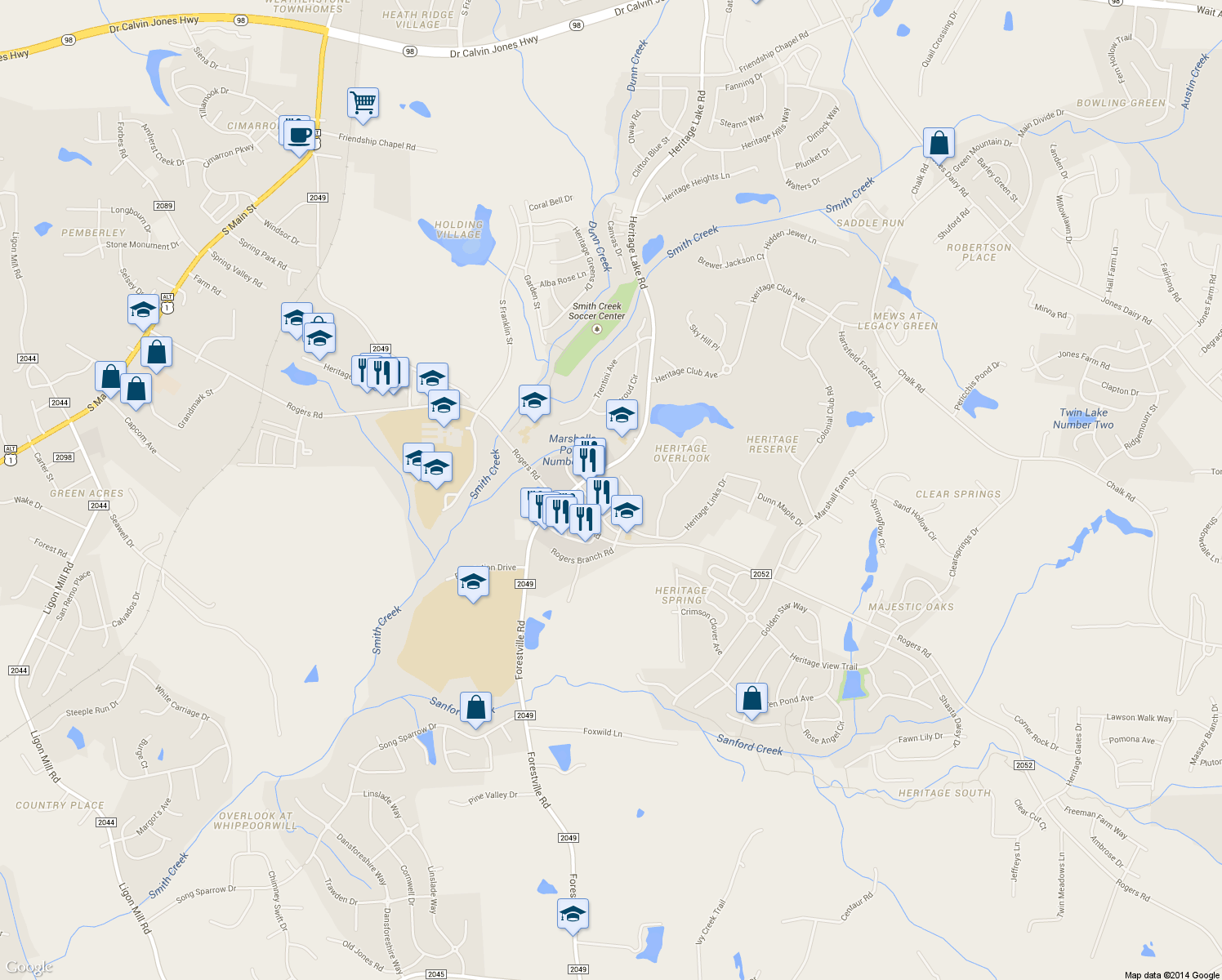 map of restaurants, bars, coffee shops, grocery stores, and more near 1217 Heritage Links Drive in Wake Forest