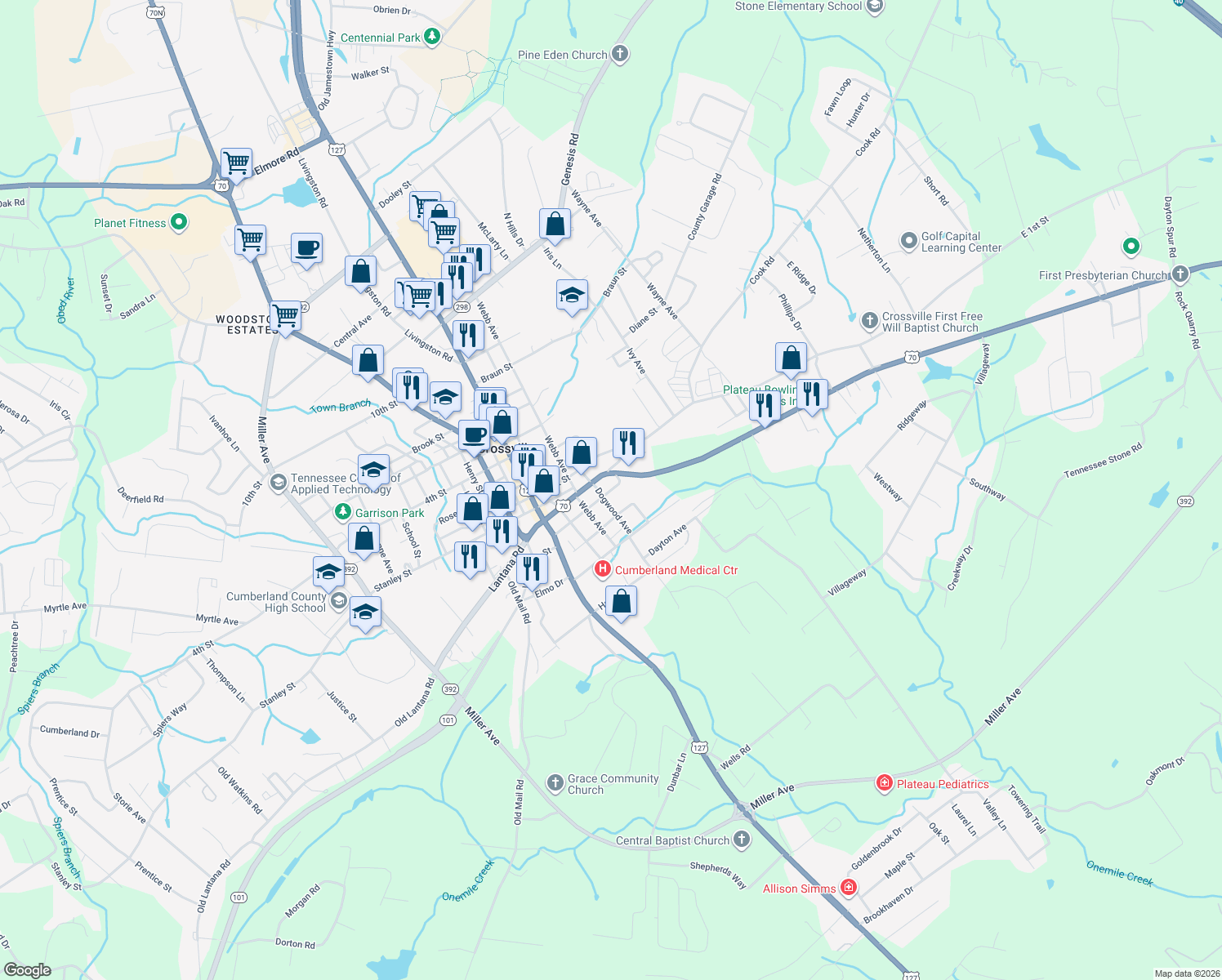 map of restaurants, bars, coffee shops, grocery stores, and more near 215 East Adams Street in Crossville