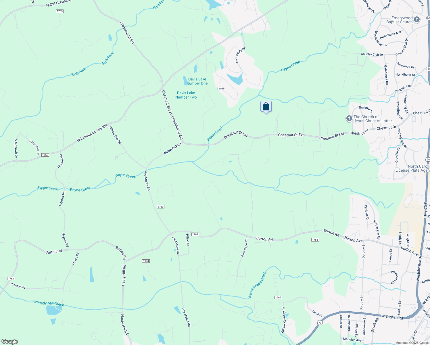 map of restaurants, bars, coffee shops, grocery stores, and more near Poplar Knoll Drive in High Point