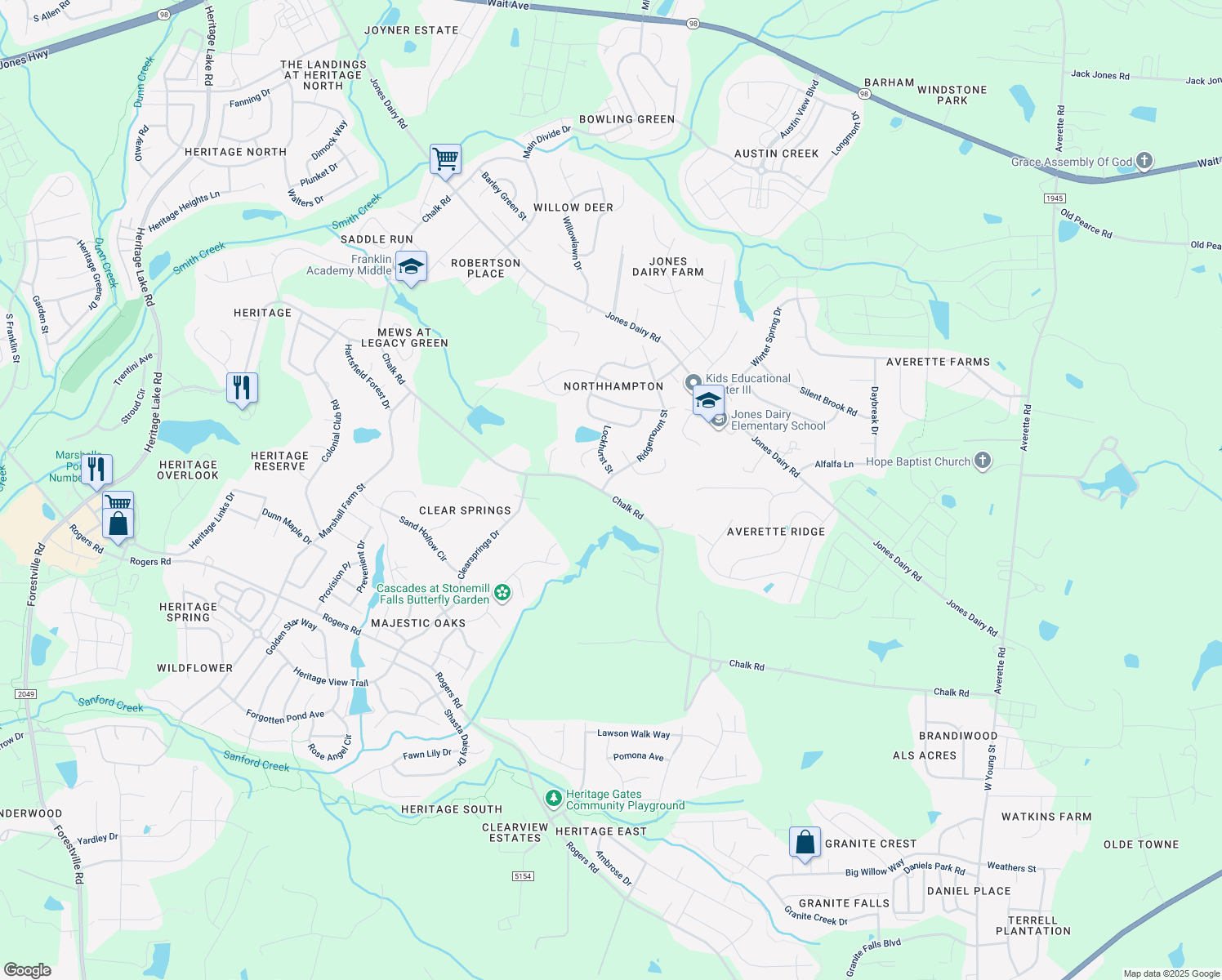 map of restaurants, bars, coffee shops, grocery stores, and more near 6200 Ridgemount Street in Wake Forest