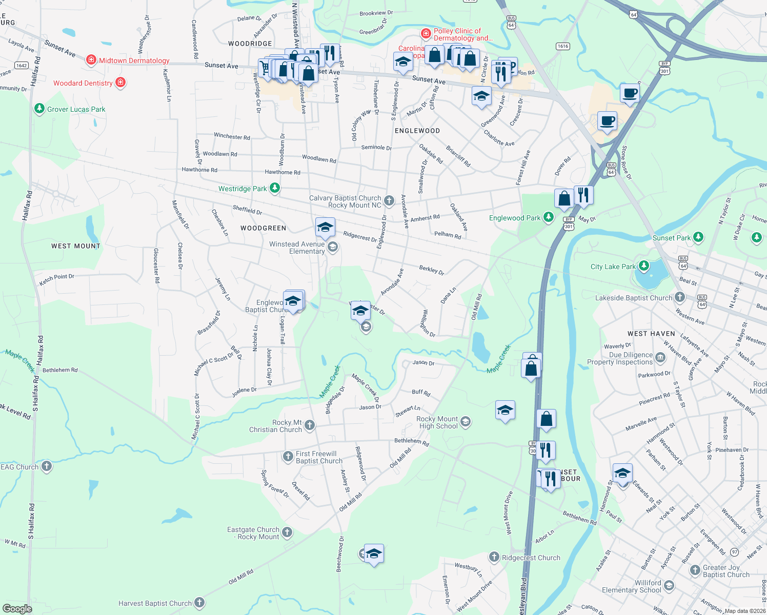 map of restaurants, bars, coffee shops, grocery stores, and more near 2920 Westminster Drive in Rocky Mount