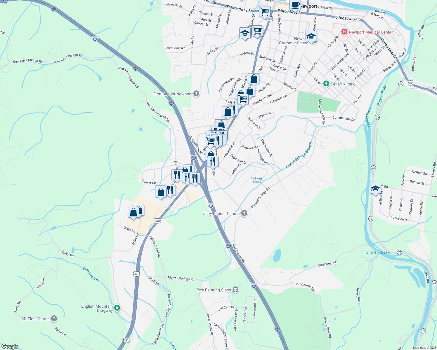 map of restaurants, bars, coffee shops, grocery stores, and more near 222 Heritage Boulevard in Newport