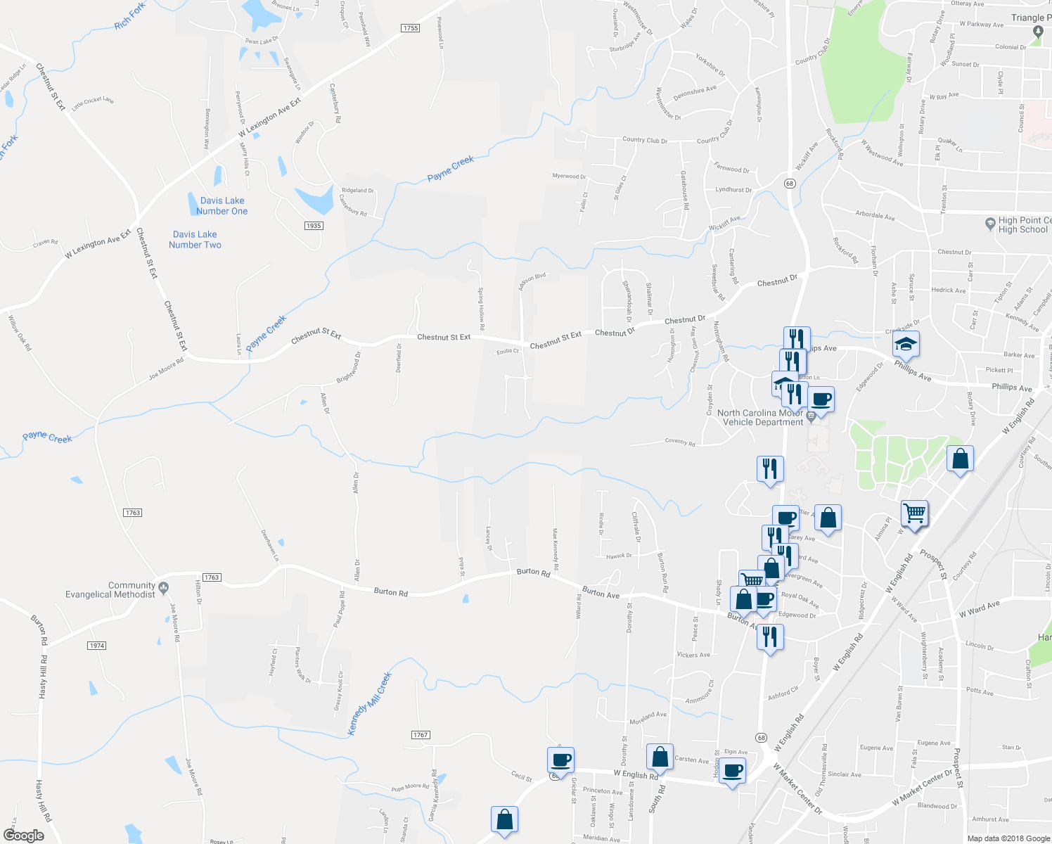 map of restaurants, bars, coffee shops, grocery stores, and more near 2241 Cambridge Oaks Drive in High Point