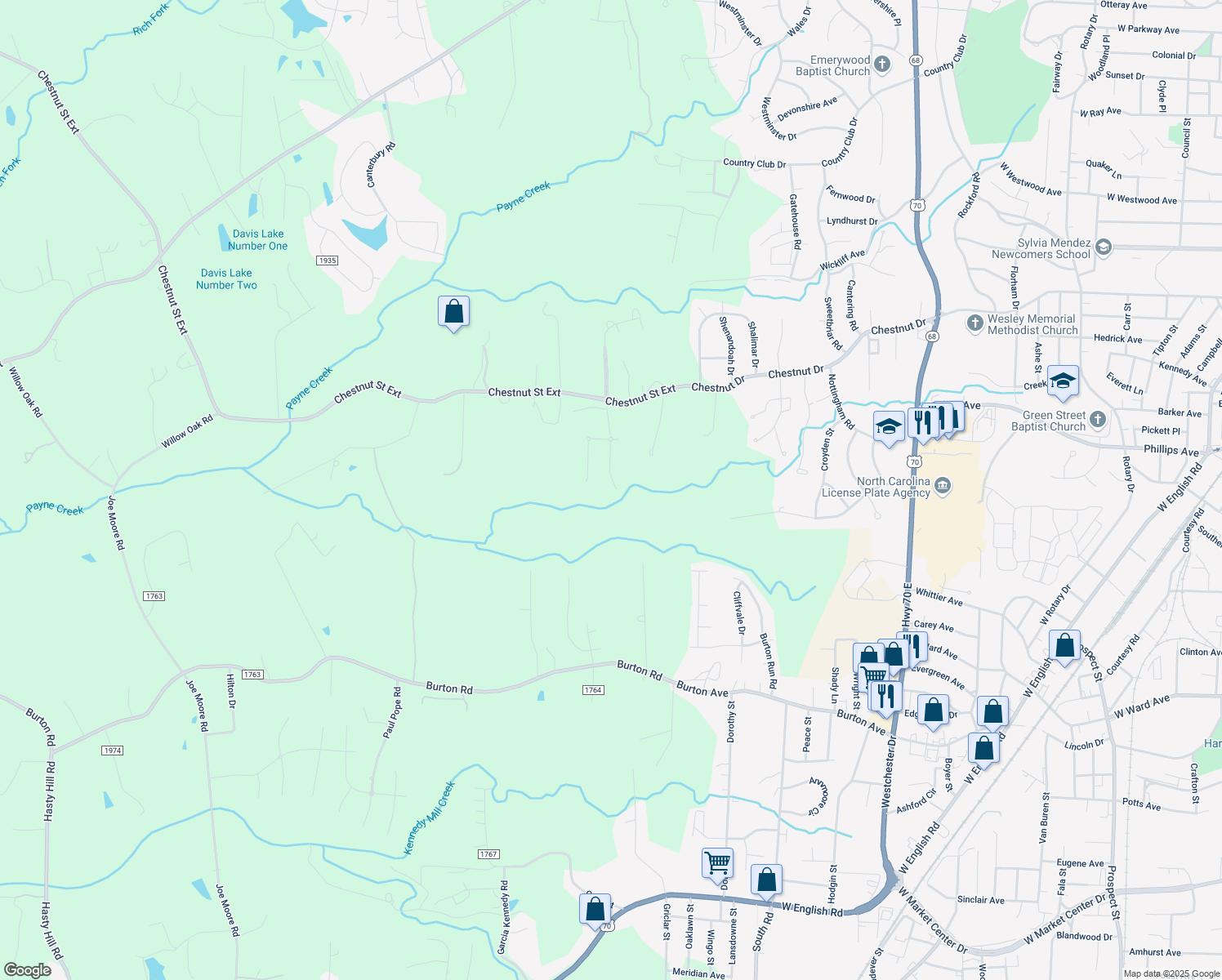 map of restaurants, bars, coffee shops, grocery stores, and more near 2241 Cambridge Oaks Drive in High Point