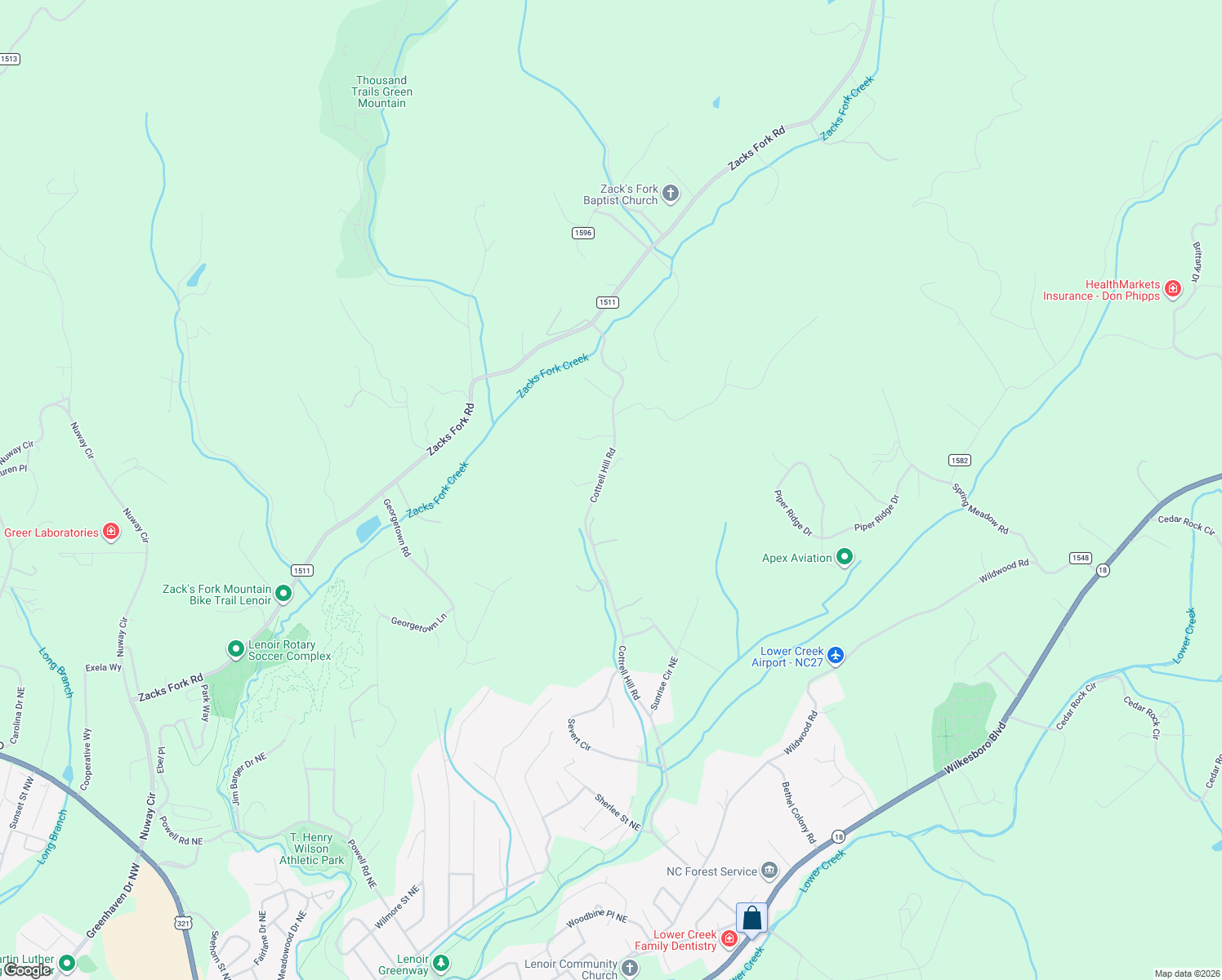 map of restaurants, bars, coffee shops, grocery stores, and more near 1064 Cottrell Hill Road in Lenoir
