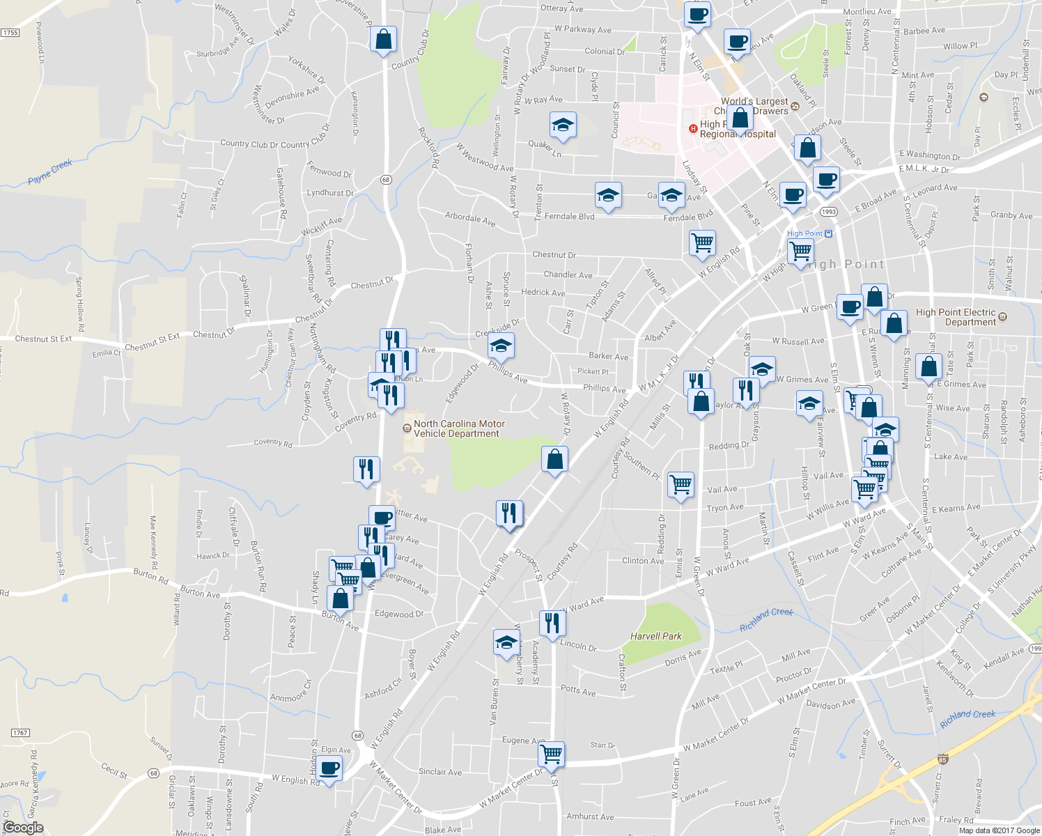 map of restaurants, bars, coffee shops, grocery stores, and more near 617 Williamsburg Terrace in High Point