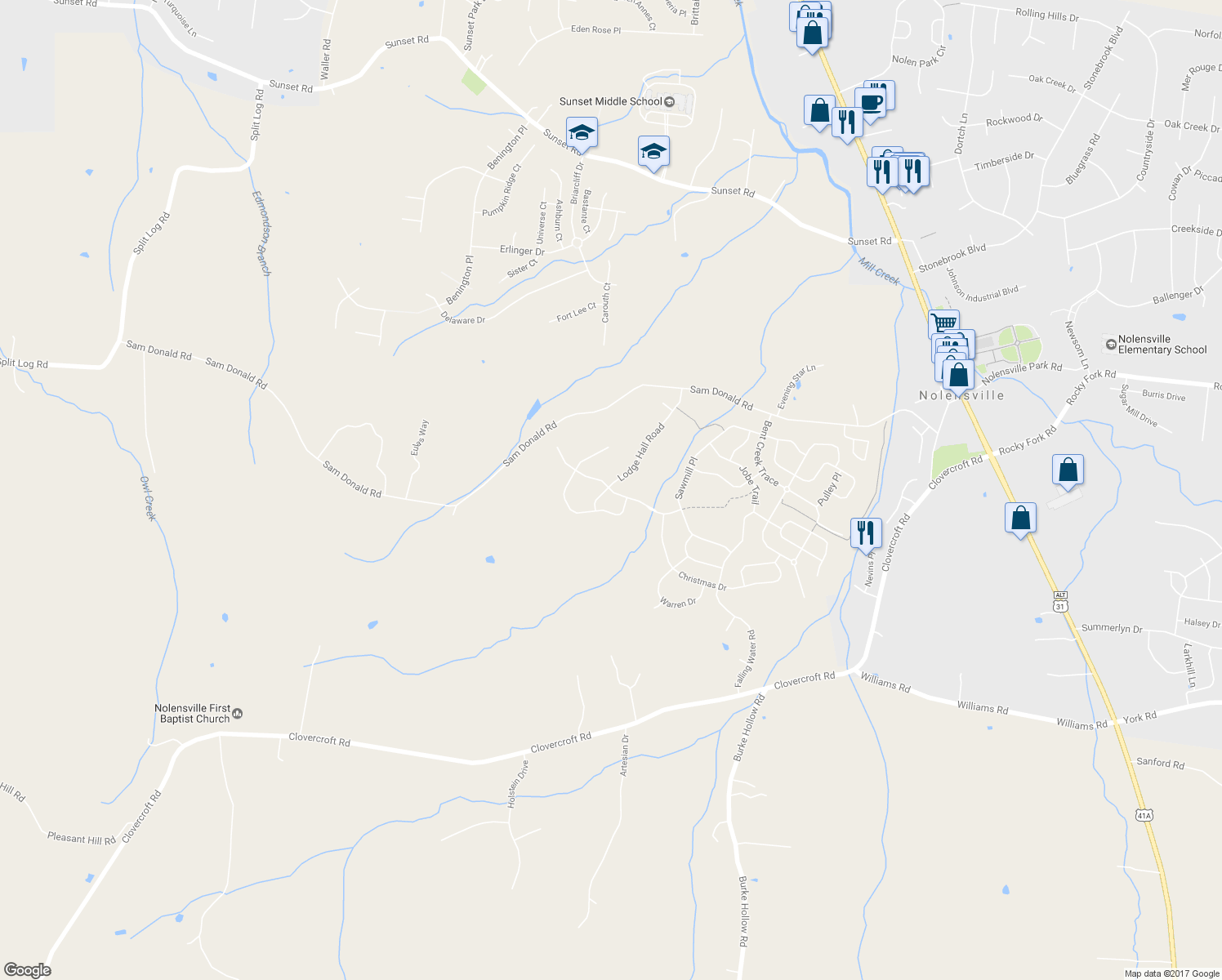 map of restaurants, bars, coffee shops, grocery stores, and more near 7019 Fishing Creek Road in Nolensville